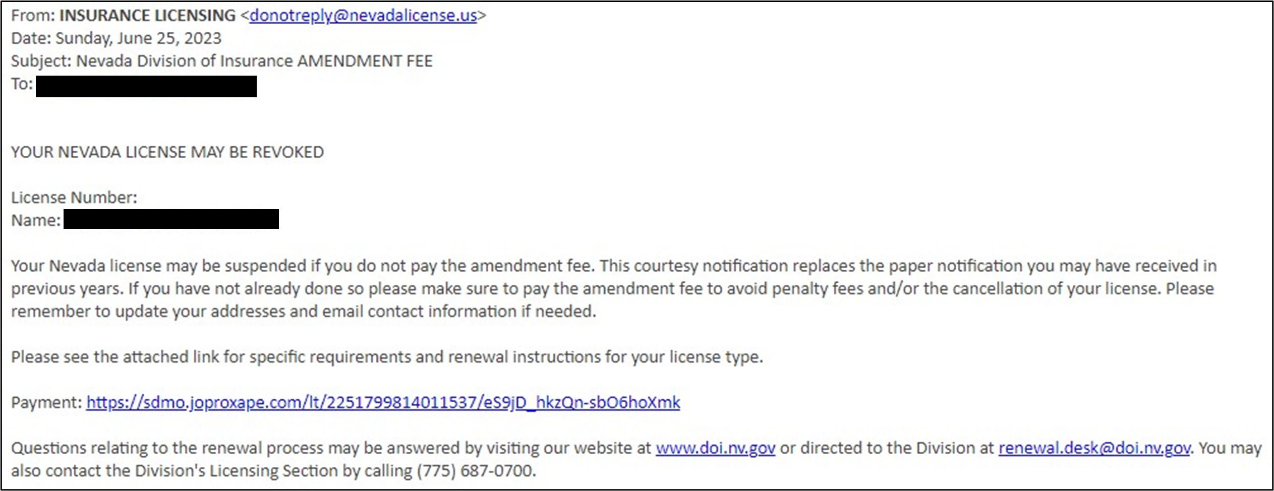 DOI email licensing renewal scam